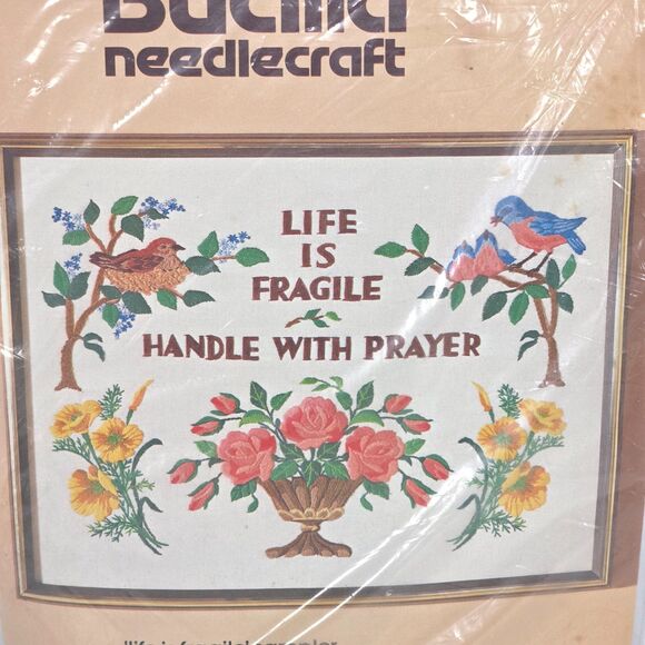 Vintage Bucilla Life Is Fragile Cross Stitch Kit 3635 Needlecraft Sampler‎ Linen - Picture 7 of 11